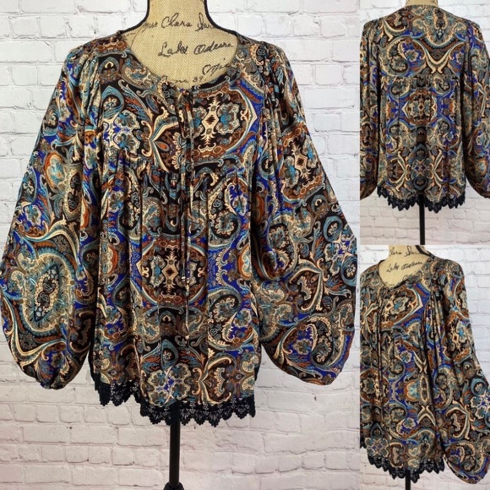 Altar'd State Peasant Style Bold Color Paisley Balloon Sleeve Top